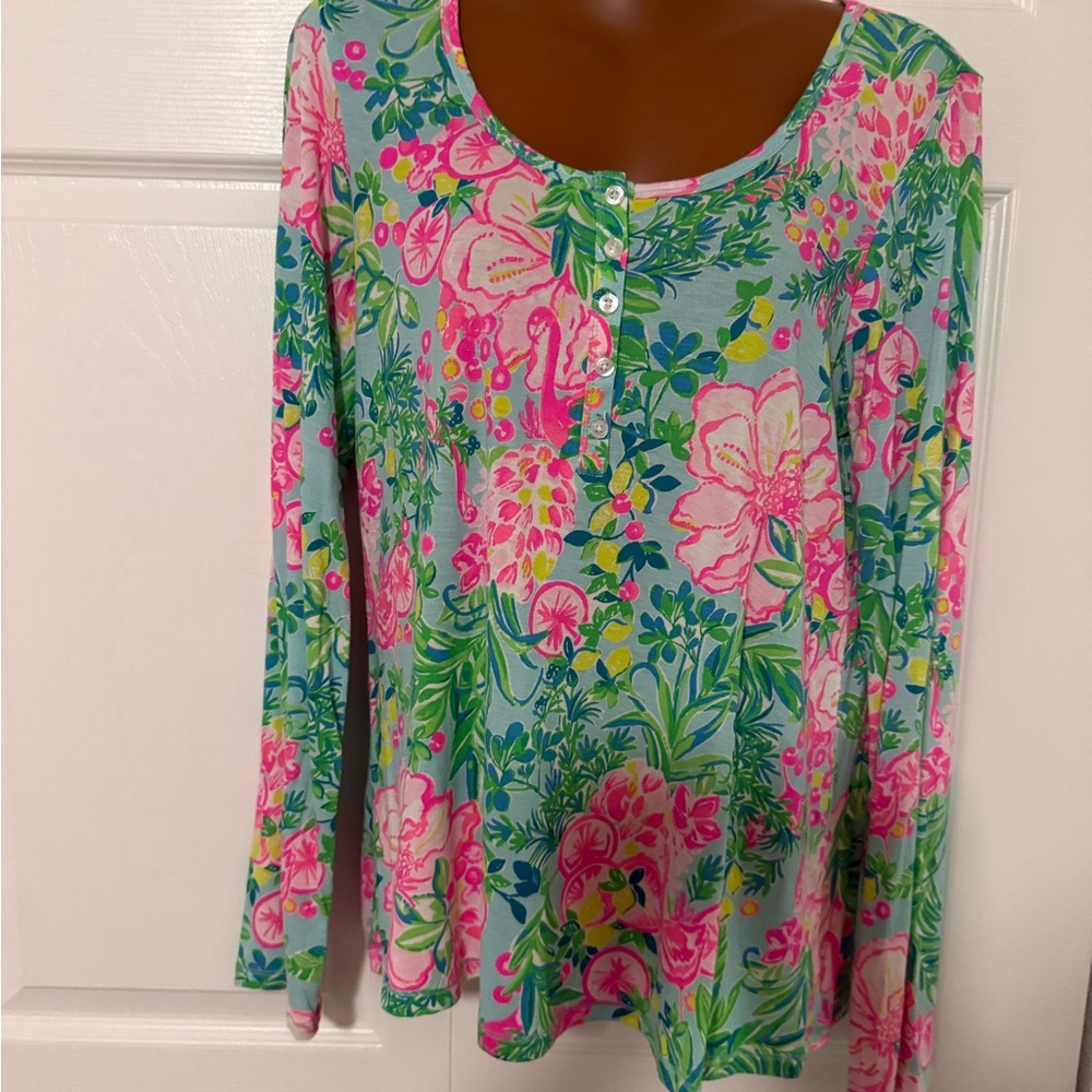 Lilly Pulitzer Pink & Aqua Floral Long Sleeve Scoop Top